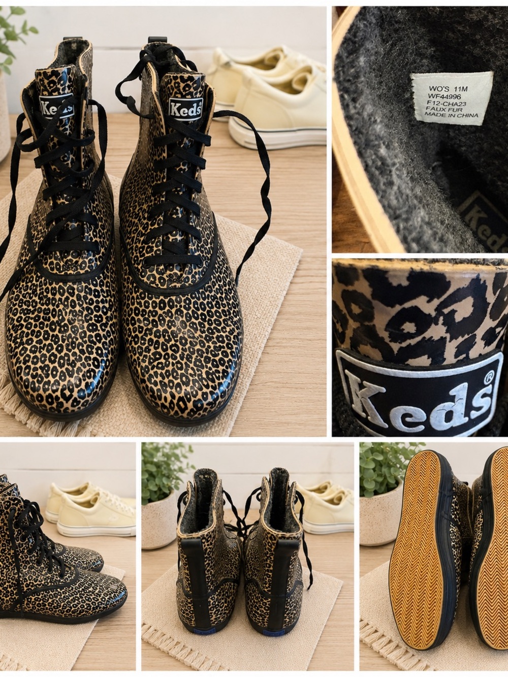 Keds Women’s Size 11 Leopard Print Faux Fur Lined Lace Up Rain Boots Waterproof - Picture 2 of 2